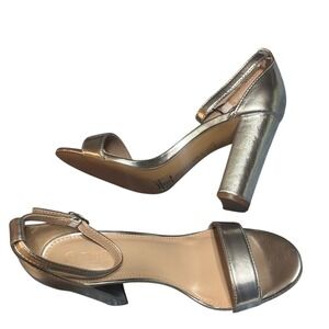 The Drop Women's Silver Metallic Block Heel Sandals Ankle Strap Buckle Size 6